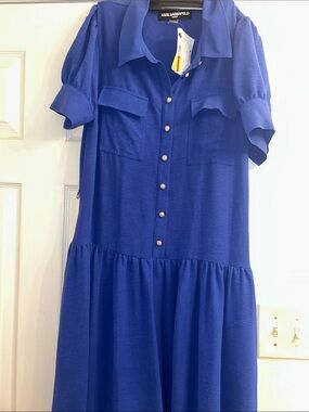 Karl Lagerfeld Royal Blue Button-Front Shirt Dress with Patch Pockets